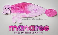 a pink paper cut out of a fish with the words manatee free printable craft