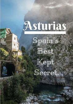 the words asturias are written in white over a photo of a river and mountains