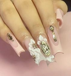 Quince Nails Ideas, Nail Inspo Virgencita, Acrylic Nails Virgencita, Medium Length Nails With Gems, Short Virgencita Nails, Pink Virgencita Nails, Virgencita Nails Short, Acrylic Nails Mexican, Virgin Mary Nails Designs