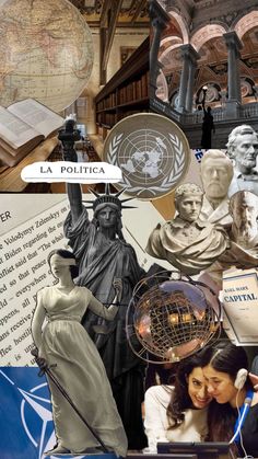 collage of images with statues, globes and books