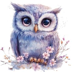 an owl sitting on top of a branch with flowers in it's beak and eyes