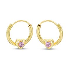 These cute children's hoop earrings feature an endless design and a small heart at the base of each. A round-cut pink cubic zirconia sits at the center of each heart to complete the pretty design. The earrings are fashioned in beautiful 14K yellow gold. Cubic Zirconia Hoop Earrings, Jewelry Lookbook, Pretty Design, Small Heart, Accessories Jewelry Earrings, Pink Stone, The Pretty, Earring Backs, Cute Jewelry