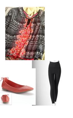 Black/coral blouse, black leggings, coral flats