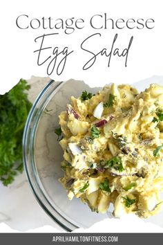 cottage cheese egg salad in a glass bowl with parsley on the side and text overlay