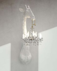 a giraffe head mounted to the side of a wall next to a chandelier