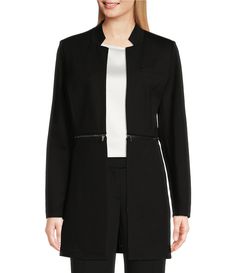 Calvin Klein Long Sleeve Mock Cut-Out Neck Open Front Trench Jacket | Dillard's Modern Stretch Outerwear For Work, Versatile Stretch Outerwear For Work, Modern Fitted Outerwear With Asymmetrical Zip, Modern Asymmetrical Zip Outerwear For Work, Stretch Business Casual Fall Outerwear, Stretch Business Casual Outerwear For Fall, Modern Fitted Outerwear With Zipper Closure, Asymmetrical Zip Outerwear With Zip Cuffs For Work, Stretch Long Sleeve Outerwear For Business Casual