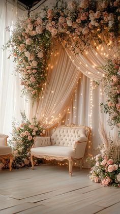 Chic wedding photo zone with flowing ivory drapes and cascading florals in blush and gold. Elegant vintage furniture and gentle fairy lights create a dreamy atmosphere for perfect portraits. Shot with a Canon EOS R5. Whimsical Background, House Party Decorations, Marriage Function, Diy Wedding Arch, Enchanted Forest Theme, Photoshoot Backdrops, Spring Baby Shower, Birthday Tags, Garden Theme