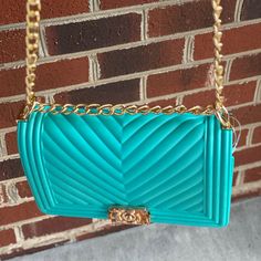 Beautiful Turquoise Jelly Bag/Purse With Gold Trim! #Cute! Dimensions - 10l X 3.5w X 6.5h/ Trendy Rectangular Turquoise Shoulder Bag, Trendy Turquoise Rectangular Shoulder Bag, Trendy Turquoise Shoulder Bag For Daily Use, Trendy Turquoise Shoulder Bag, Chic Turquoise Crossbody Bag, Turquoise Rectangular Casual Shoulder Bag, Chic Turquoise Rectangular Shoulder Bag, Chic Turquoise Bag For Daily Use, Chic Turquoise Shoulder Bag For Shopping