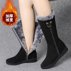 Casual Flat Winter Boots, Flat Black Winter Boots, Fur Boots Women, Ladies Long Boots, Boots 2020, Zippers Fashion, Winter Shoes For Women, Faux Fur Boots, Rounded Toe Boots