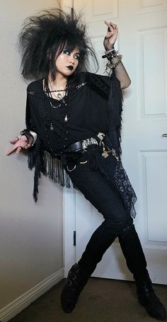 Gorgeous trad Goth style, Goth girl, Goth aesthetic, Goth fashion Goth big hair Trad Goth Fashion 80s, 80s Black Outfit, Gothic Pose Reference, Goth Pose Reference, Punk Long Hair, Black Trad Goth