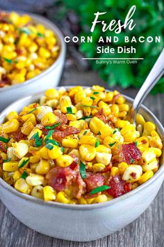 fresh Corn and Bacon Side Dish in a grey  coloured bowl with a serving spoon in it. Corn Bbq, Best Corn Recipe, Bacon Side Dishes, Corn Side, Corn Recipes Side Dishes, Bacon Dishes, Corn Side Dish, Corn Dishes, Corn Recipes