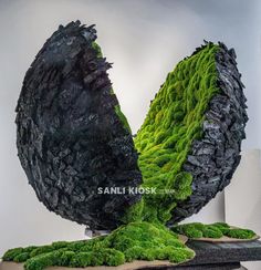 moss covered rocks are arranged in the shape of two large, round shapes on top of each other