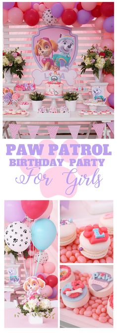 paw patrol birthday party for girls with balloons, cake and cupcakes on the table