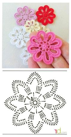 three crocheted flowers are shown in different colors and sizes, one is pink, the other is white