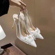 LBSFY - French Bride Gold Wedding Shoes Slim Heels, Pointed Toe, Shallow Mouth Flower Water Diamond High Heels, Headband, Back Hollow White Wedding Shoes For Spring Banquet, White Spring Wedding Shoes, White Closed Toe Heels For Banquet, White Closed Toe Wedding Shoes For Banquet, White Closed-toe Wedding Shoes For Banquet, White Pointed Toe Heels For Banquet, White Open Toe Heels For Banquet, White Formal Wedding Shoes With Flower Design, Elegant White Heels For Banquet