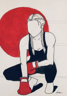 a drawing of a woman sitting on the ground in front of a red sun with her legs crossed