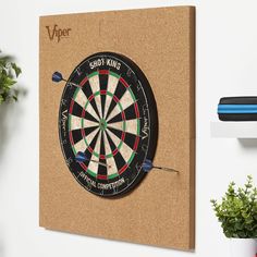 a dart board mounted to the side of a wall next to a potted plant