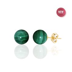 Minimalist and eternally elegant Malachite Stud Earrings crafted in 14K solid gold features a 8 mm genuine green malachite spheres with fine bands. Secure with push or butterfly backs. A hint of bling and pop of color carries you in style from desk to dinner. Perfect gift for any occasion. STYLE TIP - Pair with matching pendant necklace (priced separately - can be purchased as a set from this listing) PRODUCT INFORMATION -  METAL: 14K Yellow Gold / 14K White Gold (Stamped 14K) -  EARRING DIAMETER - 8 mm / 0.31 Inch  -  BACKING: Friction / Push Backs GEMSTONE -  Type: Natural Malachite Spheres -  Cut: Round -  Size: 8 mm -  Number of Stones: 2 -  Stone Quality - AAA Hypoallergenic / Nickel Free / Safe for Sensitive Skin Handcrafted to order in North Carolina, USA Jewelry comes in a Gift Box Ball Stud Earrings, Positive Gift, Malachite Jewelry, Usa Jewelry, Green Malachite, Earring Crafts, Storage Pouch, Matching Necklaces, Jewelry Earrings Studs