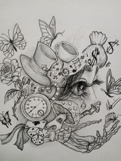 Meaningful sketch Trippy Alice In Wonderland Tattoo, Alice In Wonderland Sketches Pencil, Dark Alice In Wonderland Drawing, Alice In Wonderland Aesthetic Trippy, Chaos Sketch, Wonderland Drawing Ideas, Alice In Wonderland Sketch, Alice In Wonderland Drawing, Drawing Sketch Ideas