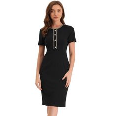 This tweed trim dress is crafted in a body-con fit with a short sleeve and button decor front. A summer-weather essential, this elegant dress is cut with tweed piped and back split hem. Occasion: wear to work, business, office, a job interview, cocktail, wedding guest, party, church, etc. Pair it with these high heels for elegant summer outfits. Formal Short Sleeve Tweed Dress, Spring Black Tweed Dress For Office, Fitted Tweed Dress With Buttons For Work, Elegant Fitted Short Sleeve Tweed Dress, Knee-length Tweed Dress For Work, Fitted Tweed Dress With Buttons And Short Sleeves, Spring Black Tweed Office Dress, Knee-length Tweed Dress For Office With Buttons, Black Short Sleeve Tweed Dress For Spring