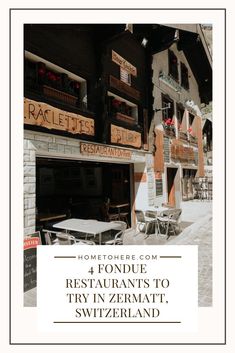 a restaurant with tables and chairs in front of it, on the side of a building