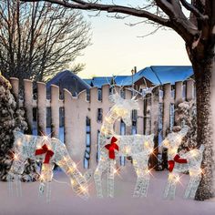 christmas lights decorate the fence and trees in front of a white picketed - off fence