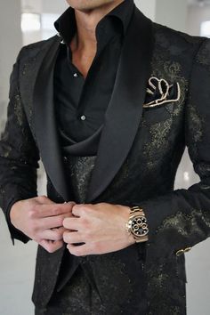 Experience the luxury of our handcrafted collection, custom made in all sizes with free shipping worldwide. Shop looks that make a bold statement for your next event. Wedding Suits Groom Black And Gold, Black Sparkle Suit Men, Black Suits With Gold Accents Men, Black And Gold Groom Suit, Black And Gold Suit Men Prom, Expensive Suits Men Luxury, Gold Mens Suit, Black And Gold Suit Men, Black And Gold Suits