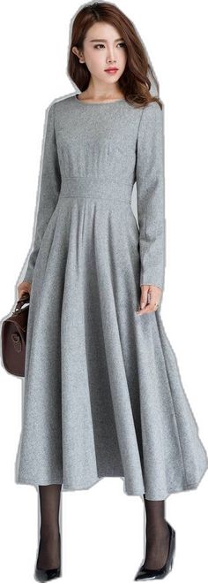 Gray A-line Winter Dresses, Chic Pleated Long Sleeve Dress For Winter, Modest Fitted A-line Long Sleeve Dress, Classic V-neck Winter Dress, Elegant Full Skirt Dress For Fall, Classic Evening Dresses For Winter, Chic Winter Fit And Flare Dress, Chic Fit And Flare Winter Dress, Winter Workwear Midi Dress