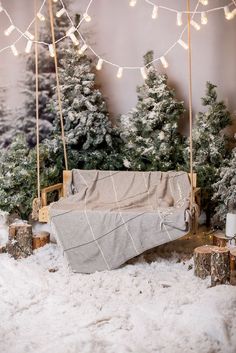 there is a couch in the snow with lights strung over it and christmas trees behind it