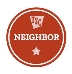 a red and white logo with the word neighborhood written in it's middle corner