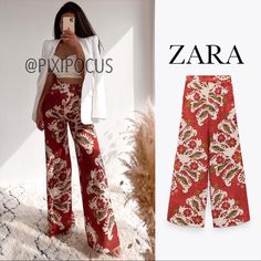 Zara Linen Blend Wide Leg Pants New With Tags High-Waist Trousers Made Of A Linen Blend. Side Pockets And Wide-Leg Fit. Boho / Floral Paisley Print Front Zip Fly, Top Button And Metal Hook Fastening. Multicoloured | 2760/101 Approx Measurements: Small 13” Across Waist 13” Rise Medium 14” Across Waist 13” Rise Large 15” Across Waist 13” Rise 20” Across Hips Inseam = 32” S/M/L2 - Dd Chic Red Floral Print Bottoms, Matching Pants Set, Plaid Dress Pants, Floral Print Pants, Striped Wide Leg Pants, Wide Leg Palazzo Pants, Linen Crops, Wide Leg Dress Pants, Belted Pants