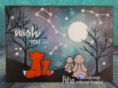 a handmade card with two dogs and the words wish you written in white on it