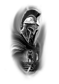 a black and white photo of a spartan helmet on top of a man's head