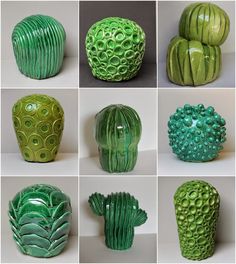 many different green vases are shown together