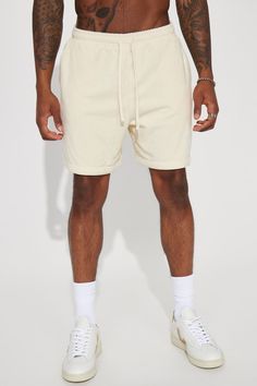 Model Height: 6'1 - Waist: 32 - Wearing Large Big & Tall: Height 6'5 - Waist 42 - Wearing XXXL Available In Cream. Elastic Waistband With Draw cord Side Hand Pockets Back Pockets Stretch Pair With "Dipped Terry Cloth Short Sleeve Polo" Pair With "Dipped Terry Cloth Short Sleeve Cuban Shirt" 80% Cotton 20% Polyester Imported | Mens Dipped Terry Knit Shorts in Cream size 3XL by Fashion Nova Beige Stretch Casual Shorts, Casual Cream Bottoms With Drawstring, Casual Beige Shorts For Leisure, Casual Cream Cotton Shorts, Beige Relaxed Fit Shorts For Leisure, Beige Relaxed Fit Shorts For Streetwear, Sporty Cream Bottoms For Summer, Sporty Cream Shorts For Summer, Comfortable Cream Summer Bottoms