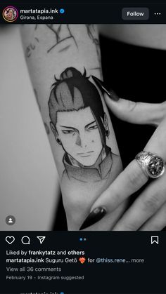 a woman's arm with tattoos on it and an image of the character naruta