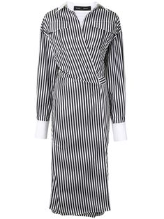 black/white cotton vertical stripe print wraparound style V-neck long sleeves buttoned cuffs side tie fastening side slits mid-length Wrap Shirt Dress, Woman Clothes, Wrap Shirt, Vestido Casual, Black Shirt Dress, Baddie Outfits, Proenza Schouler, Stripe Print, Mid Length