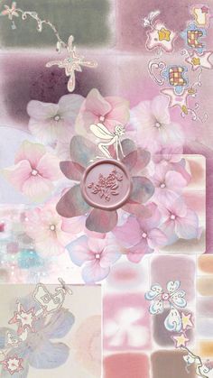 an artistic painting with flowers and butterflies on the side, in shades of pink and purple