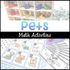 a book with pictures of animals and birds on it, in front of the words pet's math activities