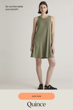 This mini swing dress is as flattering as it is flirty. Made with our soft Tencel™ fabric, the relaxed fit and flared hem creates a silhouette that flatters every form. Tencel™ lyocell is a biodegradable fabric made from cellulose found in wood pulp. It is softer, more breathable, and uses 10-20 times less water in production compared to cotton.  | Quince | Women's Tencel Jersey Mini Swing Dress in Sage, Size Large Casual Fit And Flare Mini Dress For Daywear, Casual Fit And Flare A-line Mini Dress, Casual A-line Fit And Flare Mini Dress, Casual A-line Mini Dress With Relaxed Fit, Physical Properties, Quince, Spandex Fabric, Swing Dress, Biodegradable Products