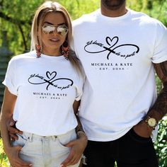 Elegant black and white wedding honeymoon t-shirt with text Til Death do us Part in infinity symbol with heart.  Personalize it with your wedding details. Couple T Shirts For Pre Wedding, Wedding Shirt Ideas, Wedding Tshirts Ideas, Married Couple Shirts, Anniversary Tshirt, Elegant Black And White Wedding, Wedding Tshirts, Wedding Party Shirts, Wedding Honeymoon