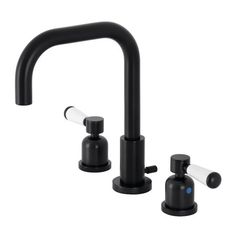 a black faucet with two handles and nozzles on the side, in front of a white background