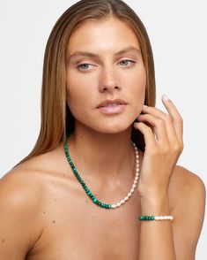 Deep green malachite and lustrous white pearls strung together as a necklace. We call this our union necklace as it marries two stones from completely different environments creating a beautiful match. 14 Karat Yellow Gold Malachite, 196 carats 18 to 19 inches length 6mm to 7mm bead size Style # JJ-NOC-503 Elegant Beaded Malachite Necklaces, Elegant Emerald Gemstone Beads Necklace, Elegant Green Malachite Beaded Necklace, Elegant Malachite Gemstone Beads Jewelry, Green Single Strand Jewelry For Wedding, Elegant Malachite Necklace With Natural Stones, Green Hand-strung Jewelry, Elegant Single Strand Malachite Jewelry, Nature Healing