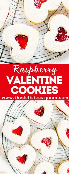 raspberry valentine cookies on a cooling rack with the words, raspberry valentine cookies