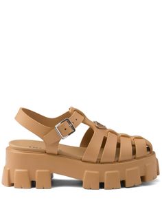 sand beige buckle-fastening ankle strap caged design enamel triangle logo branded leather insole platform sole ridged rubber outsole silver-tone hardware Prada Monolith, Prada Sandals, Rubber Sandals, Caged Sandals, Estilo Preppy, Buckle Shoes, Triangle Logo, Dolce E Gabbana, Sand Beige