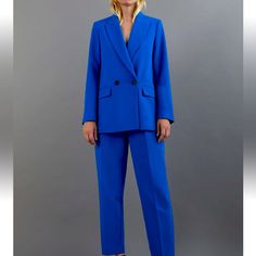 Double Breasted Buttoned Blazer And Pleated Pants With Belt. Willing To Sell Separately. Chic Blue Pantsuit With Trousers, Chic Blue Pantsuit With Pockets, Chic Tailored Blue Pants, Blue Straight Leg Spring Pantsuit, Blue Straight Leg Pantsuit For Spring, Chic Blue Pantsuit With Straight Pants, Blue Pantsuit With Pockets, Elegant Blue Straight Leg Pantsuit, Tailored Blue Pantsuit For Spring