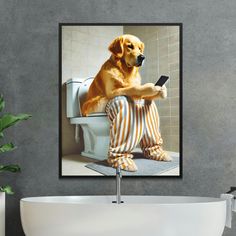 a dog sitting on top of a toilet seat holding a cell phone in its paws