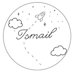 a black and white drawing of the word's name in a circle with clouds, stars