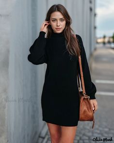 Olivia Mark - Chic Knitted Sweater Dress with Round Neckline and Knitted Sweater Base Fall Cable Knit Knee-length Sweater Dress, Knitted Sweater Dress For Fall, Fitted Black Cable Knit Sweater, Long Sleeve Chunky Knit Dress, Elegant Knitted Sweater Dress For Fall, Chunky Knit Long Sleeve Dress, Knee-length Knitted Sweater For Fall, Solid Knit Sweater Dress For Fall, Knitted Knee-length Sweater Dress For Fall