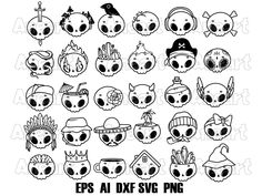 an image of various skulls with hats and other items in the style of cartoon characters